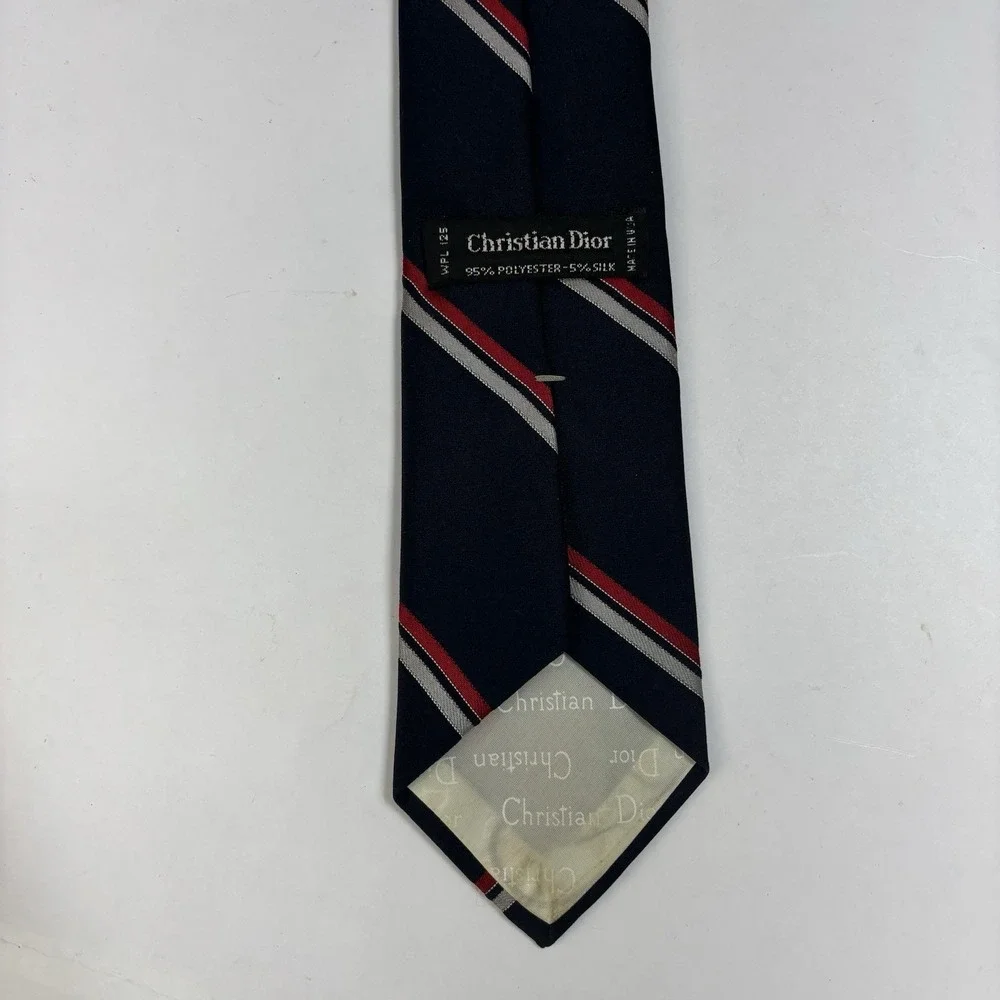 Vintage Christian Dior Necktie Diagonal Red Blue Silver Stripe Polyester Blend